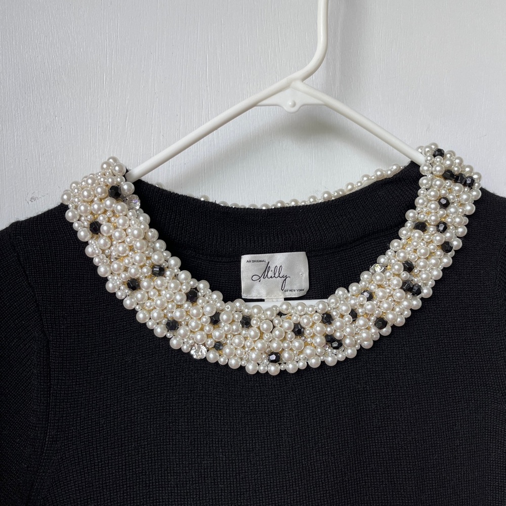 MILLY Women's Black Knit Pearl Trim Dress sz M - Picture 9 of 12